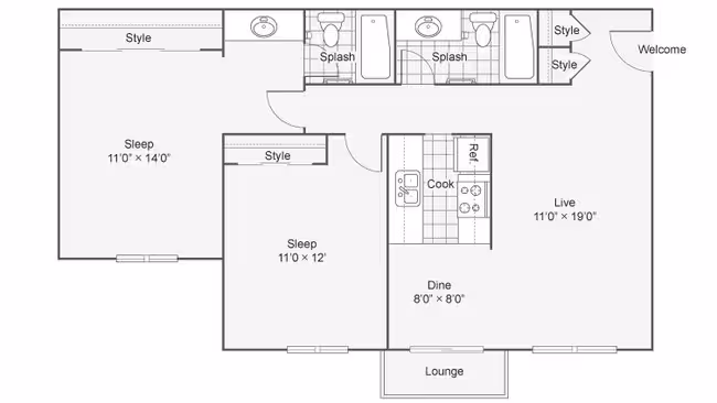 2 Bedroom 2 Bathroom 267 floor plan